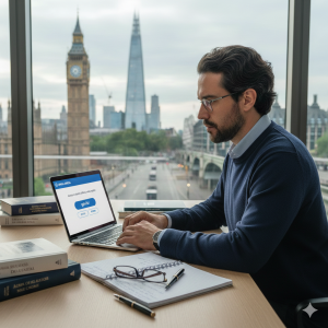 Pesquisador brasileiro no exterior trabalhando em laptop com portal Linha Direta da CAPES na tela, com vista de Londres ao fundo.