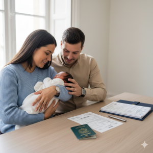 Casal com recém-nascido analisando documentos e passaporte brasileiro sobre a mesa, representando registro de filho de brasileiro nascido no exterior.
