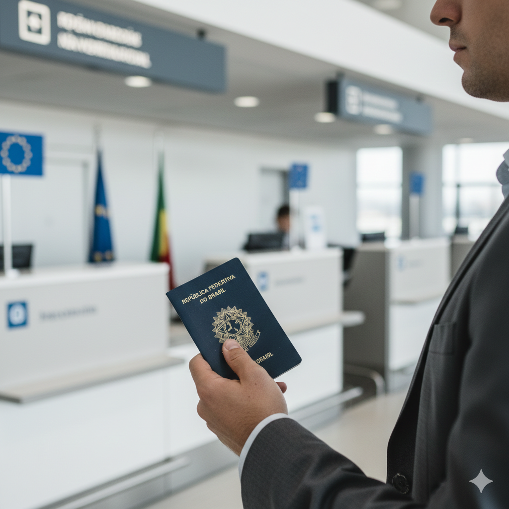 Homem com passaporte brasileiro em balcão de imigração na Europa, representando os impactos das mudanças legais na Europa no planejamento migratório