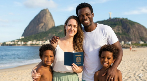 Uma família multicultural feliz e sorrindo na praia do Rio de Janeiro, segurando um passaporte brasileiro, ilustrando a conquista da nacionalidade brasileira - BFA Migratório