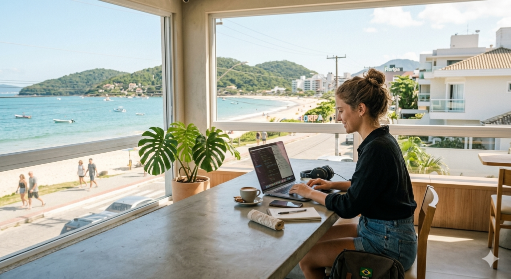 Young digital nomad working on a laptop in her apartment in Florianópolis, with coastal scenery, green hills, and a relaxed beach-city atmosphere in the background.