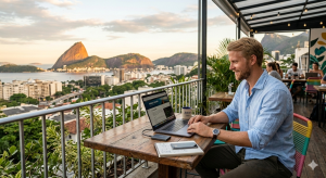 Digital nomad working remotely from Brazil overlooking Rio de Janeiro skyline